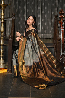  Mahalakshmi ~ Gadwal Pure Silk Handloom Saree with All Over Checks in Grey Gold