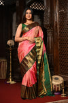 Mahalakshmi ~ Gadwal Pure Silk Handloom Saree in Peach Orange & Green