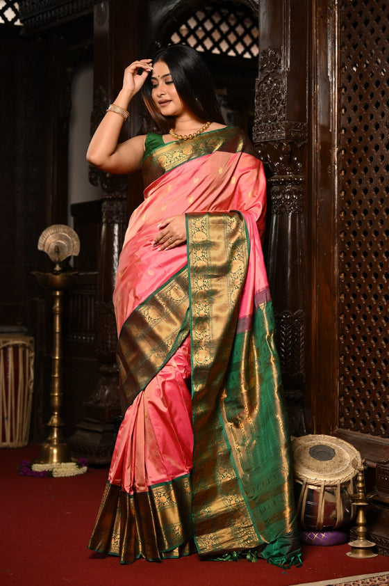 Mahalakshmi ~ Gadwal Pure Silk Handloom Saree in Peach Orange & Green