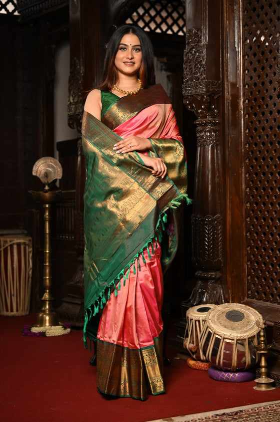 Mahalakshmi ~ Gadwal Pure Silk Handloom Saree in Peach Orange & Green