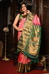 Mahalakshmi ~ Gadwal Pure Silk Handloom Saree in Peach Orange & Green