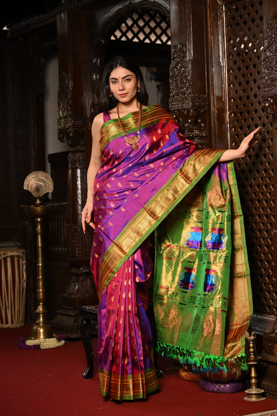 Mahalakshmi ~ Handloom Pure Silk Paithani with Maharani Pallu in Purple Pink