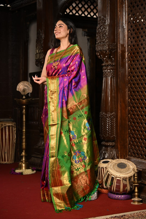 Mahalakshmi ~ Handloom Pure Silk Paithani with Maharani Pallu in Purple Pink