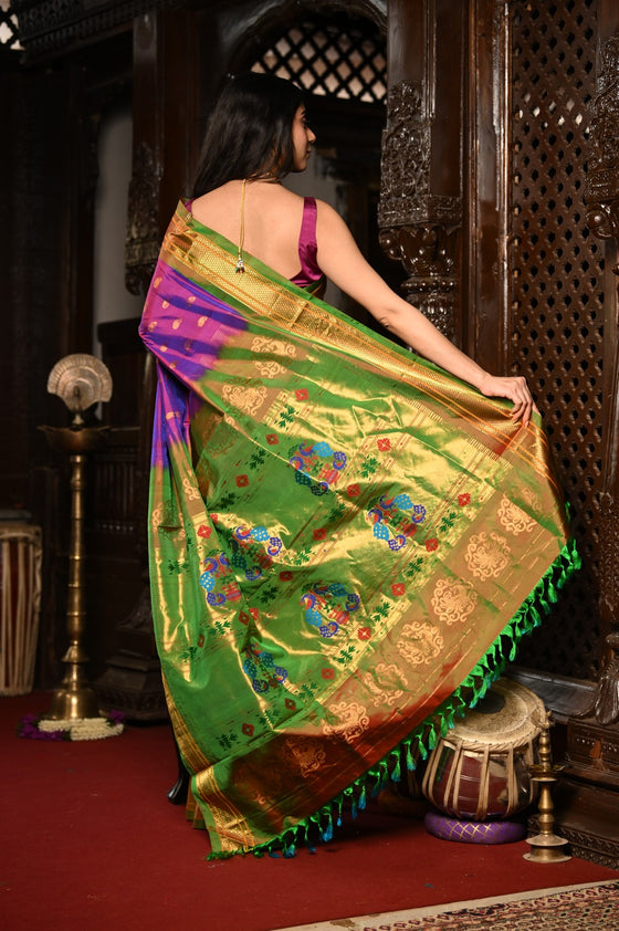 Mahalakshmi ~ Handloom Pure Silk Paithani with Maharani Pallu in Purple Pink