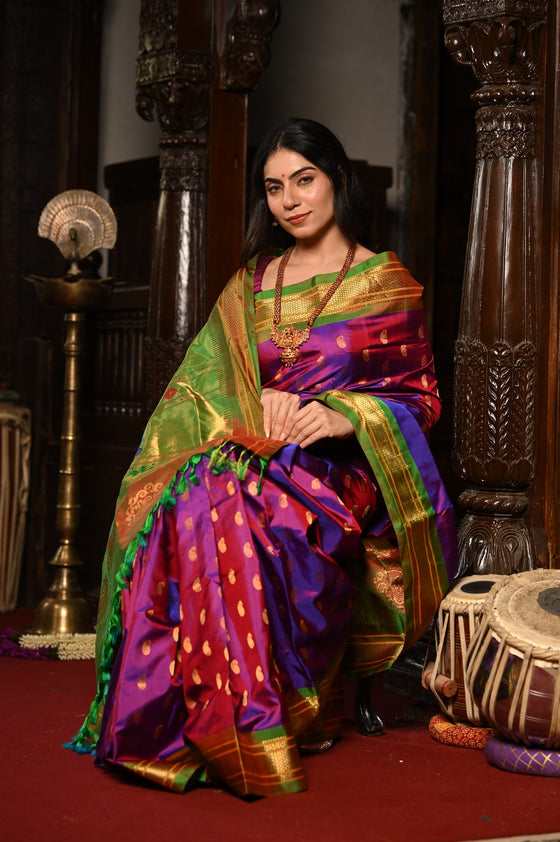 Mahalakshmi ~ Handloom Pure Silk Paithani with Maharani Pallu in Purple Pink