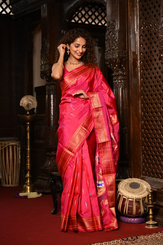 Mahalakshmi ~ Handloom Pure Silk Paithani with Swan Pallu with Muniya Buttis in Red Pink