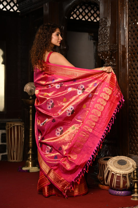 Mahalakshmi ~ Handloom Pure Silk Paithani with Swan Pallu with Muniya Buttis in Red Pink