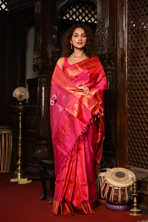 Mahalakshmi ~ Handloom Pure Silk Paithani with Swan Pallu with Muniya Buttis in Red Pink