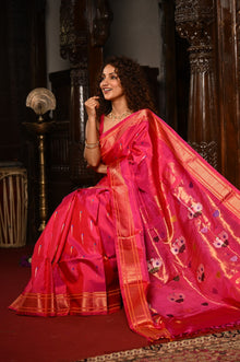  Mahalakshmi ~ Handloom Pure Silk Paithani with Swan Pallu with Muniya Buttis in Red Pink