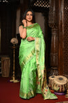Mahalakshmi ~ Handloom Pure Silk Paithani with Lotus Peacock in Green Pastel