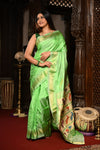 Mahalakshmi ~ Handloom Pure Silk Paithani with Lotus Peacock in Green Pastel
