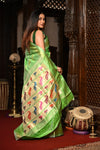 Mahalakshmi ~ Handloom Pure Silk Paithani with Lotus Peacock in Green Pastel