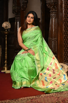  Mahalakshmi ~ Handloom Pure Silk Paithani with Lotus Peacock in Green Pastel