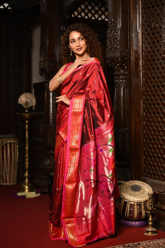 Mahalakshmi ~ Handloom Pure Silk Paithani with Parrot Pallu in Maroon