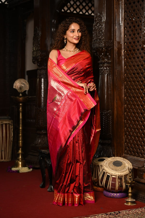 Mahalakshmi ~ Handloom Pure Silk Paithani with Parrot Pallu in Maroon