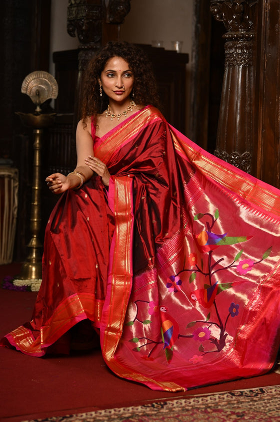 Mahalakshmi ~ Handloom Pure Silk Paithani with Parrot Pallu in Maroon