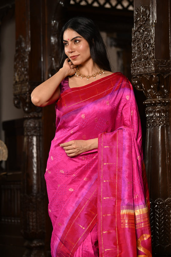Mahalakshmi ~ Handloom Pure Silk Pink Muniya Border Bandhani Paithani Saree With Handcrafted Swan Pallu in Pink