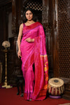 Mahalakshmi ~ Handloom Pure Silk Pink Muniya Border Bandhani Paithani Saree With Handcrafted Swan Pallu in Pink