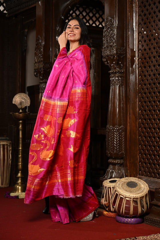 Mahalakshmi ~ Handloom Pure Silk Pink Muniya Border Bandhani Paithani Saree With Handcrafted Swan Pallu in Pink