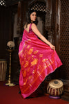 Mahalakshmi ~ Handloom Pure Silk Pink Muniya Border Bandhani Paithani Saree With Handcrafted Swan Pallu in Pink