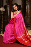 Mahalakshmi ~ Handloom Pure Silk Pink Muniya Border Bandhani Paithani Saree With Handcrafted Swan Pallu in Pink