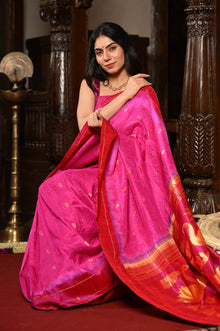  Mahalakshmi ~ Handloom Pure Silk Pink Muniya Border Bandhani Paithani Saree With Handcrafted Swan Pallu in Pink