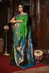 Mahalakshmi ~ Handloom Pure Silk Paithani with Maharani Pallu in Green and Blue