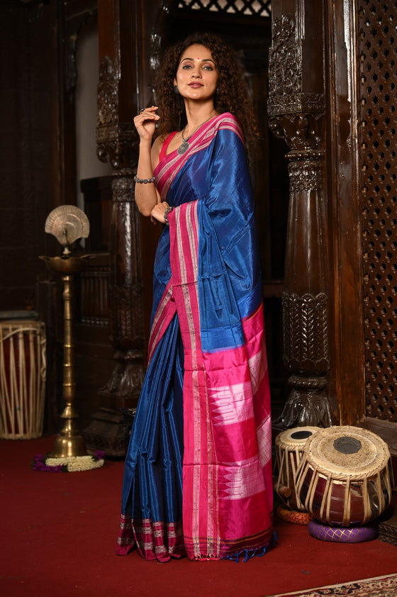 Mahalakshmi ~ Traditional Handloom Blue Ilkal Cotton Viscose with Pink Pallu