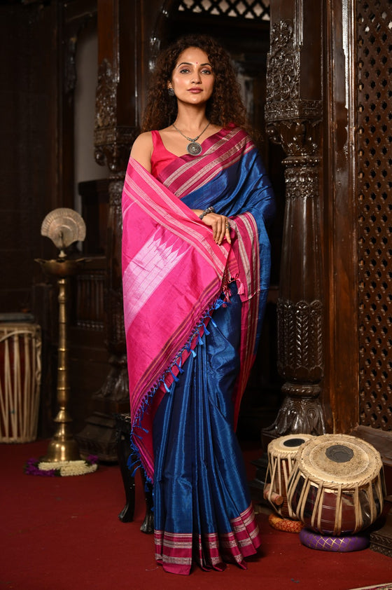 Mahalakshmi ~ Traditional Handloom Blue Ilkal Cotton Viscose with Pink Pallu