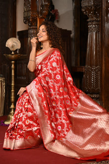  Mahalakshmi~ Handloom Banarasi Katan Silk Saree with Floral work in Red