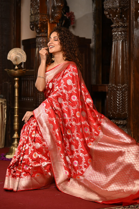 Mahalakshmi~ Handloom Banarasi Katan Silk Saree with Floral work in Red