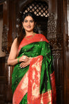 Mahalakshmi ~ Handloom Pure Silk Triple Muniya Border Saree With Handcrafted Parrot Pallu in Royal Green