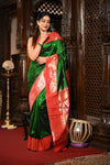 Mahalakshmi ~ Handloom Pure Silk Triple Muniya Border Saree With Handcrafted Parrot Pallu in Royal Green