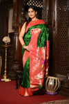 Mahalakshmi ~ Handloom Pure Silk Triple Muniya Border Saree With Handcrafted Parrot Pallu in Royal Green