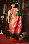 Mahalakshmi ~ Handloom Pure Silk Triple Muniya Border Saree With Handcrafted Parrot Pallu in Royal Green