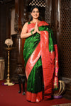 Mahalakshmi ~ Handloom Pure Silk Triple Muniya Border Saree With Handcrafted Parrot Pallu in Royal Green