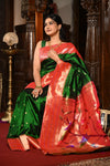 Mahalakshmi ~ Handloom Pure Silk Triple Muniya Border Saree With Handcrafted Parrot Pallu in Royal Green
