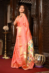 Mahalakshmi ~ Handloom Pure Silk Paithani with Lotus Peacock in Orange Pastel