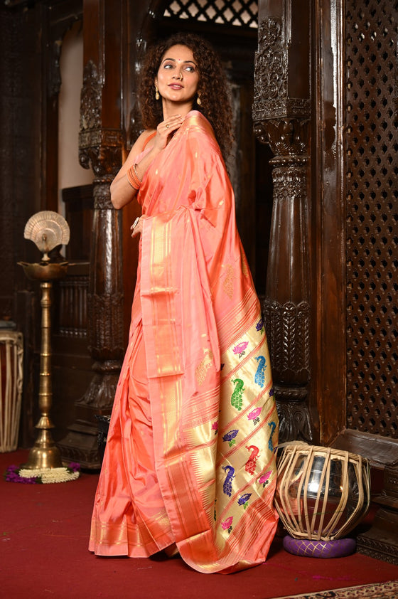 Mahalakshmi ~ Handloom Pure Silk Paithani with Lotus Peacock in Orange Pastel