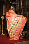 Mahalakshmi ~ Handloom Pure Silk Paithani with Lotus Peacock in Orange Pastel
