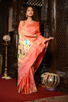 Mahalakshmi ~ Handloom Pure Silk Paithani with Lotus Peacock in Orange Pastel