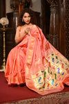 Mahalakshmi ~ Handloom Pure Silk Paithani with Lotus Peacock in Orange Pastel