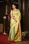 Mahalakshmi ~ Handloom Pure Silk Paithani with Swan Pallu with Muniya Buttis in Sage Green