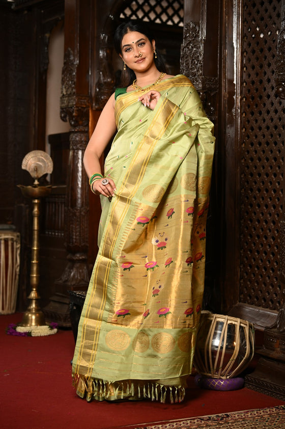 Mahalakshmi ~ Handloom Pure Silk Paithani with Swan Pallu with Muniya Buttis in Sage Green