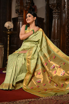  Mahalakshmi ~ Handloom Pure Silk Paithani with Swan Pallu with Muniya Buttis in Sage Green