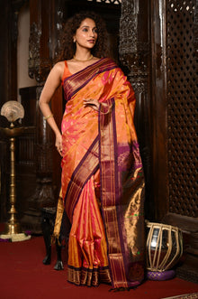  Mahalakshmi ~ Handloom Pure Silk Paithani with Maharani Pallu in Orange and Wine
