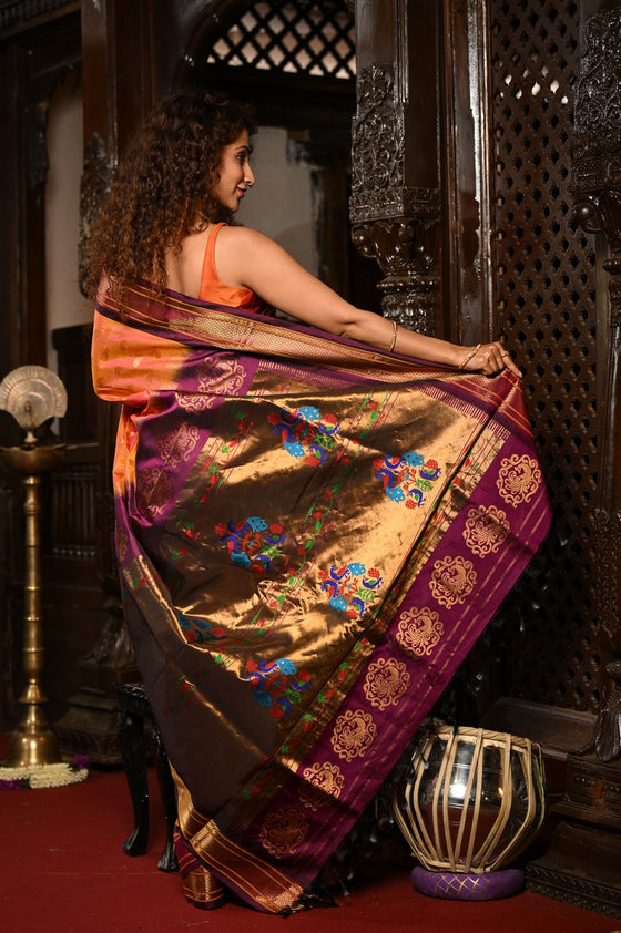 Mahalakshmi ~ Handloom Pure Silk Paithani with Maharani Pallu in Orange and Wine