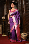 Mahalakshmi Exclusive ~ Handloom Pure Silk Muniya Border Saree With Handcrafted Swan Peacock Pallu in Purple