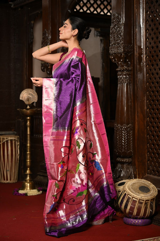 Mahalakshmi Exclusive ~ Handloom Pure Silk Muniya Border Saree With Handcrafted Swan Peacock Pallu in Purple