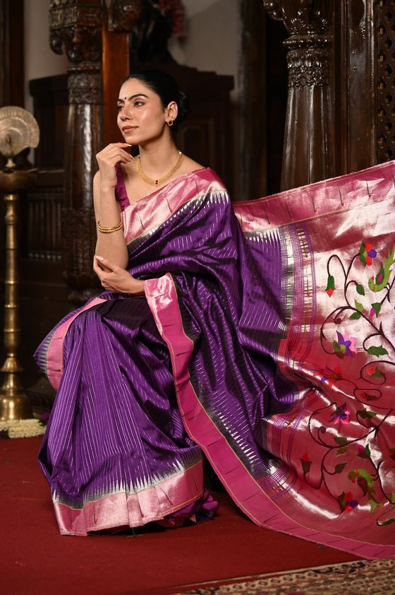 Mahalakshmi Exclusive ~ Handloom Pure Silk Muniya Border Saree With Handcrafted Swan Peacock Pallu in Purple